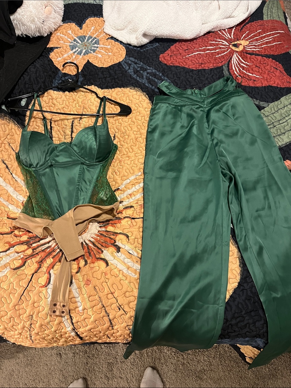 JLUXLABEL Emerald Satin Corset Top with Matching Wide-Leg Pants